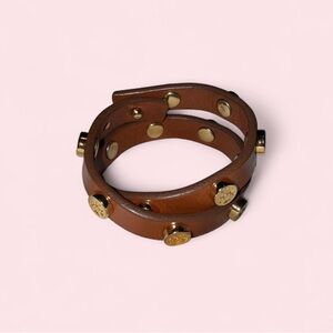 Tory Burch Brown Leather Wrap Bracelet with Gold Accents